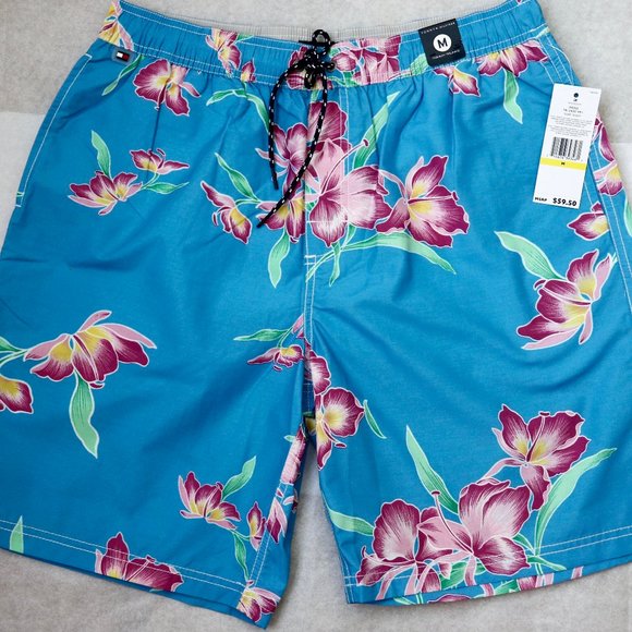 Tommy Hilfiger Men`s Swim Shorts S Bathing Suit Floral Blue Trunks New